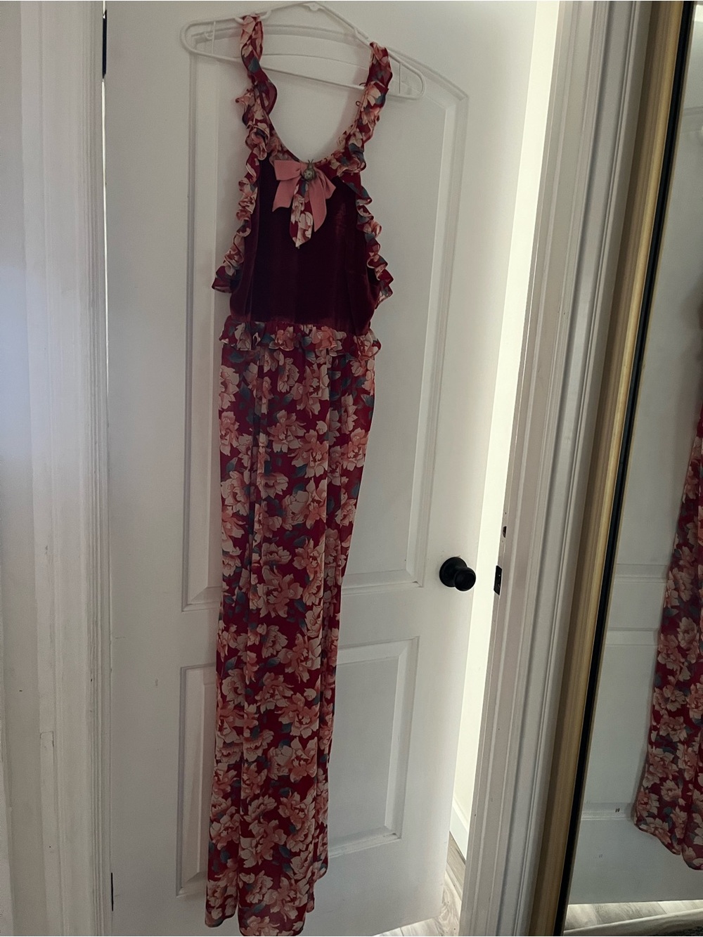 For Love & Lemons Wine Floral Ruffle Halter Maxi Dress